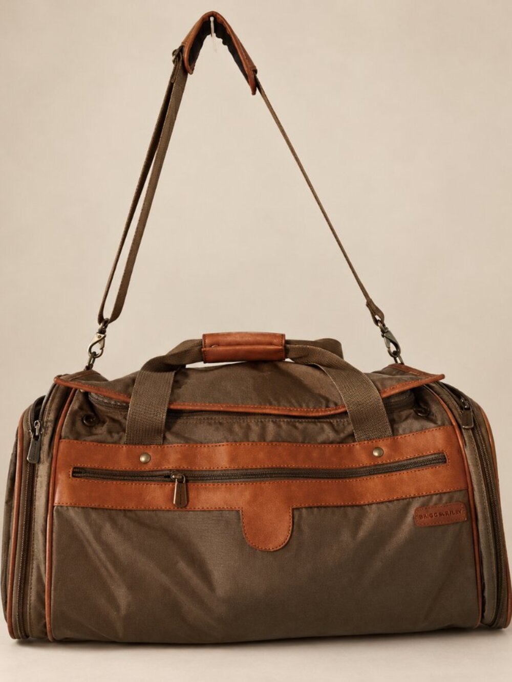 Hartmann Green Nylon Duffle Bag 20" Brown Leather Trim Weekender Carry-On